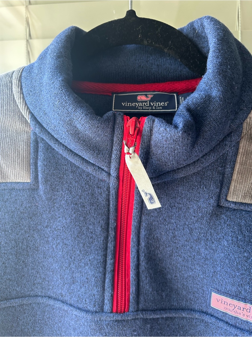 Vineyard Vines Blue Heather Shep BrownCorduroy Shoulder Fleece Pullover. Men’s L - Picture 4 of 8